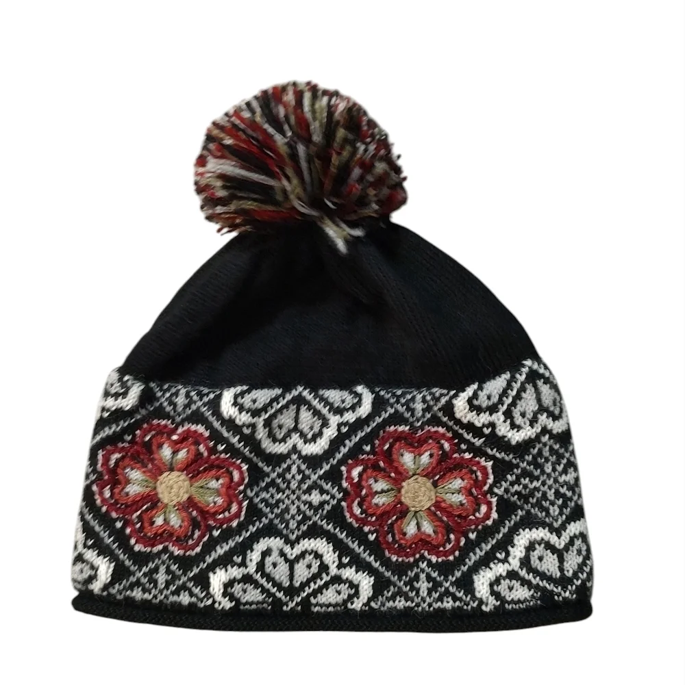 Peruvian Link Sienna Alpaca Black and Red Floral Knit Pom-Pom Beanie